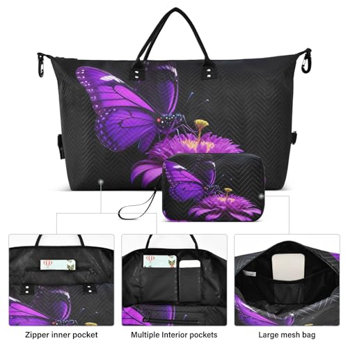 Large Purple Butterfly Sports Tote Gym Bag, Duffel Bag with Multiple Compartments and Telescopic Handle, Carry On Luggage with Toiletry Bags2
