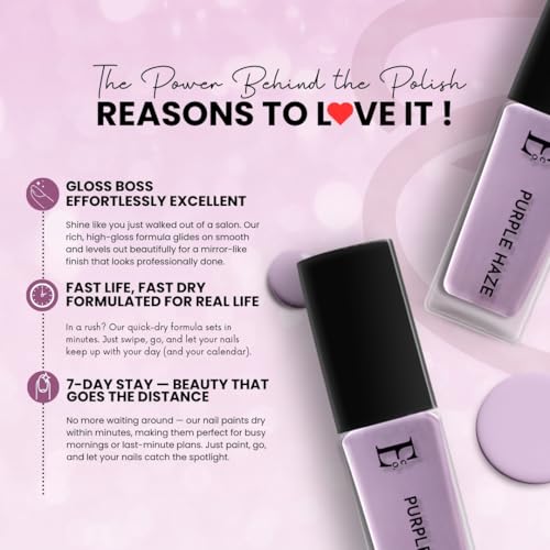 Image of Ellement Co Purple Haze Nail Polish 10 ml with soft lavender purple tone delivers glossy salon finish, smooth streak free application, quick drying formula, and long lasting chip resistant wear, perfect for pastel lovers, office wear, casual outings, brunch looks, and elegant everyday nail styling.