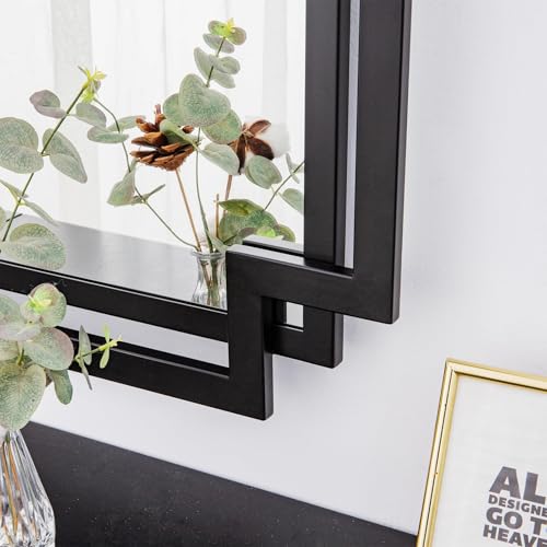 Image of 28 inch x 40 inch Black Wall Mirror for Decor with Geometric Metal Frame | Rectangular Large Bathroom Mirror with Irregular Metal Pipe, Modern Accent Mirror for Entryway, Dining Room, Fireplace