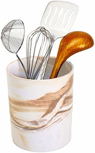 Porcelain Kitchen Utensil Holder 7 Inches Tall - Desert Brown Decorative Marble Crock Utensils Holder, Art and Office Supplies Holder - By Marbelous