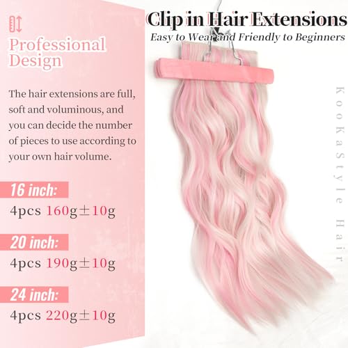 Image of KooKaStyle Clip in Synthetic Hair Extensions Long Wavy 4PCS Thick Hairpieces Blonde with Pink Highlight Fiber Double Weft Natural Hair Extensions 20 Inch for Women
