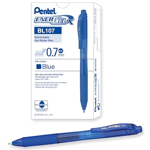Pentel Energel X BL107, Lot de 12 Rollers encre gel rétractables, Pointe moyenne 0,7 mm, Bleu