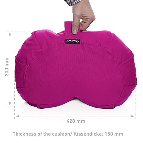 BODYMATE Halbmond Yogakissen 42cm lang 30cm breit und 15cm hoch Pink mit Buchweizen-Spelz Füllung – Maschinenwaschbarer Bezug aus 100% extra dicker Baumwolle – Meditationskissen – Sitzkissen