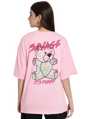 Image of Fabflee Oversized Cotton Baggy Drop Shoulder Graphic Tee with Half Sleeves | Korean Casual Loose T-Shirt for Women