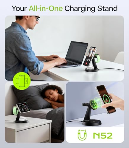 Image of 3 in 1 Charging Station for Apple Devices, 15W Fast Wireless Charger Compatible with MagSafe Charging Stand for iPhone 17 16 15 14 13 12 Series, Watch Charger Stand for Apple Watches & Airpods