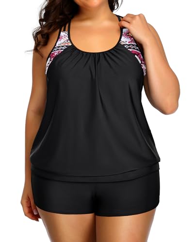 Image of Womens Plus Size Tankini Swimsuit Two Piece Tummy Control Bathing Suit | Blouson Racerback Tankini Top with Shorts, Double Up Design, Removable Pad