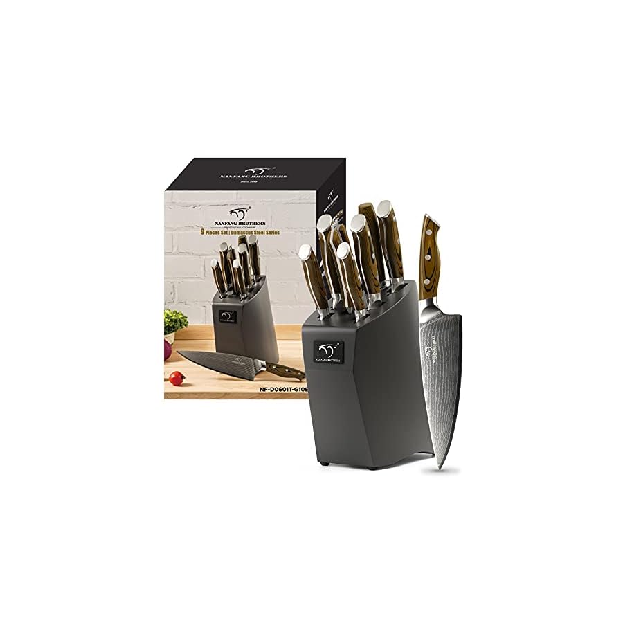 Kitchen-Damascus-Knife-Set-9-Piece-Kitchen-Knife-Set-with-Block-Non-slip-G10-Ergonomic-Triple-Rivet-Handle-for-Chef-Knives-Knife-Sharpener-and-Kitchen-Shears-Natural-Wood-Block-Black Kitchen Damascus Knife Set, 9-Piece Kitchen Knife Set with Block, Non-slip G10 Ergonomic Triple Rivet Handle for Chef Knives, Knife Sharpener and Kitchen Shears, Natural Wood Block (Brown/Grey)
