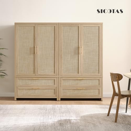 Image of SICOTAS Larger Armoire Wardrobe Closet, 71 inch Tall Rattan Freestanding Wardrobe Closet Cabinet with Storage and 2 Drawers, Boho Armoire Clothes Organizer with Hanging Rod for Bedroom, Light Oak (2 PCS)