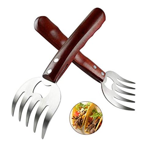 AIYUE Meat Shredding Claws Stainless Steel Pulled Pork Shredder Meat Claws for BBQ Shredding Pulling Handing Lifting & Serving Pork Turkey Chicken with Long Wood Handle (2 PCS,BPA Free) Cover