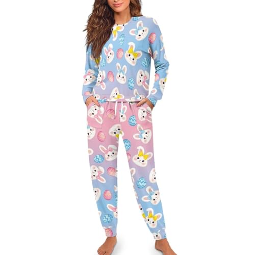 Image of Womens Lounge Set Long Sleeve Soft Pajama Sets Casual 2 Piece Pj Outfit Crewneck Sleepwear with Pockets Plus Size