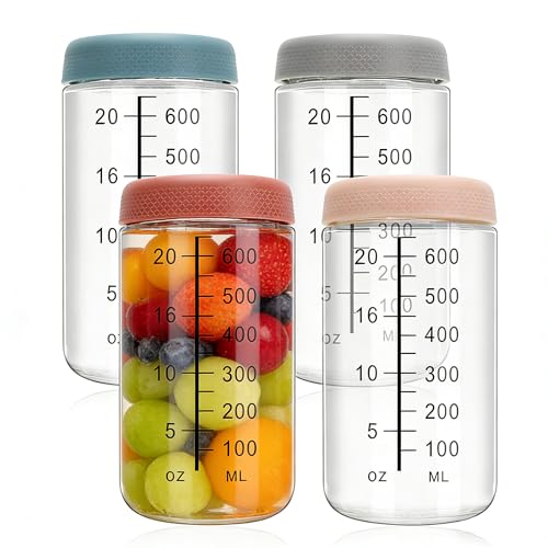 Meal Prep Lot de 4 bocaux de conservation empilables en verre borosilicate avec couvercles à visser, graduations et large ouverture, 750 ml