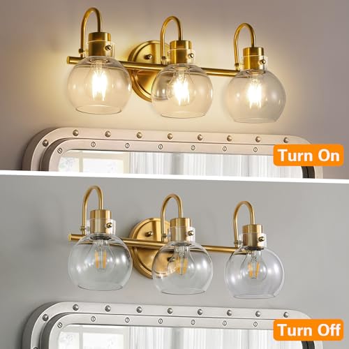 Image of 3-Light Vanity Light, Brushed Brass Bathroom Light Fixtures, Farmhouse Wall Sconces with Globe Clear Glass Shade, Porch Wall Mount Lamp for Mirror, Kitchen, Porch, Living Room, Workshop (E26 Base)