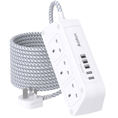 Addtam Extension Lead with USB Slots 3M Extension Cable with 6 Way Outlets