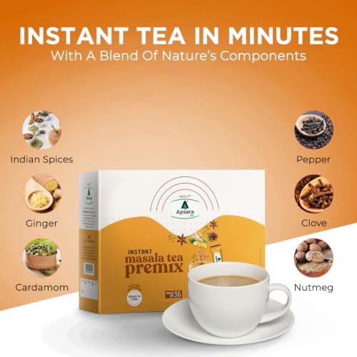 Image of APSARA Instant Tea Premix Masala Chai 36 Sachets | Ready To Drink, Masala Tea Powder | Masala Chai Enriched With 100% Natural Ingredients - Ginger, Cardamom, Black Pepper, Clove, Cinnamon and Nutmeg