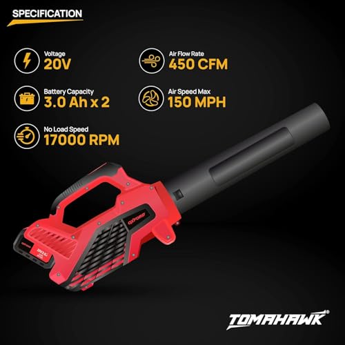 Image of Tomahawk Oxford OLB-85 20V Cordless Leaf Blower - Dual 3.0Ah Batteries, 6-Level Variable Speed with Digital Display, 150 MPH Air Speed, 450 CFM Air Volume | Lightweight Garden Blower | Home and DIY