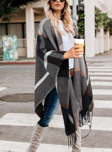 Image of Bestshe Women's Boho Open Front Poncho Plaid Shawl Wrap Cape | Tassel Cardigan Sweater, Cozy Layering, Fall Winter Clothes for Women