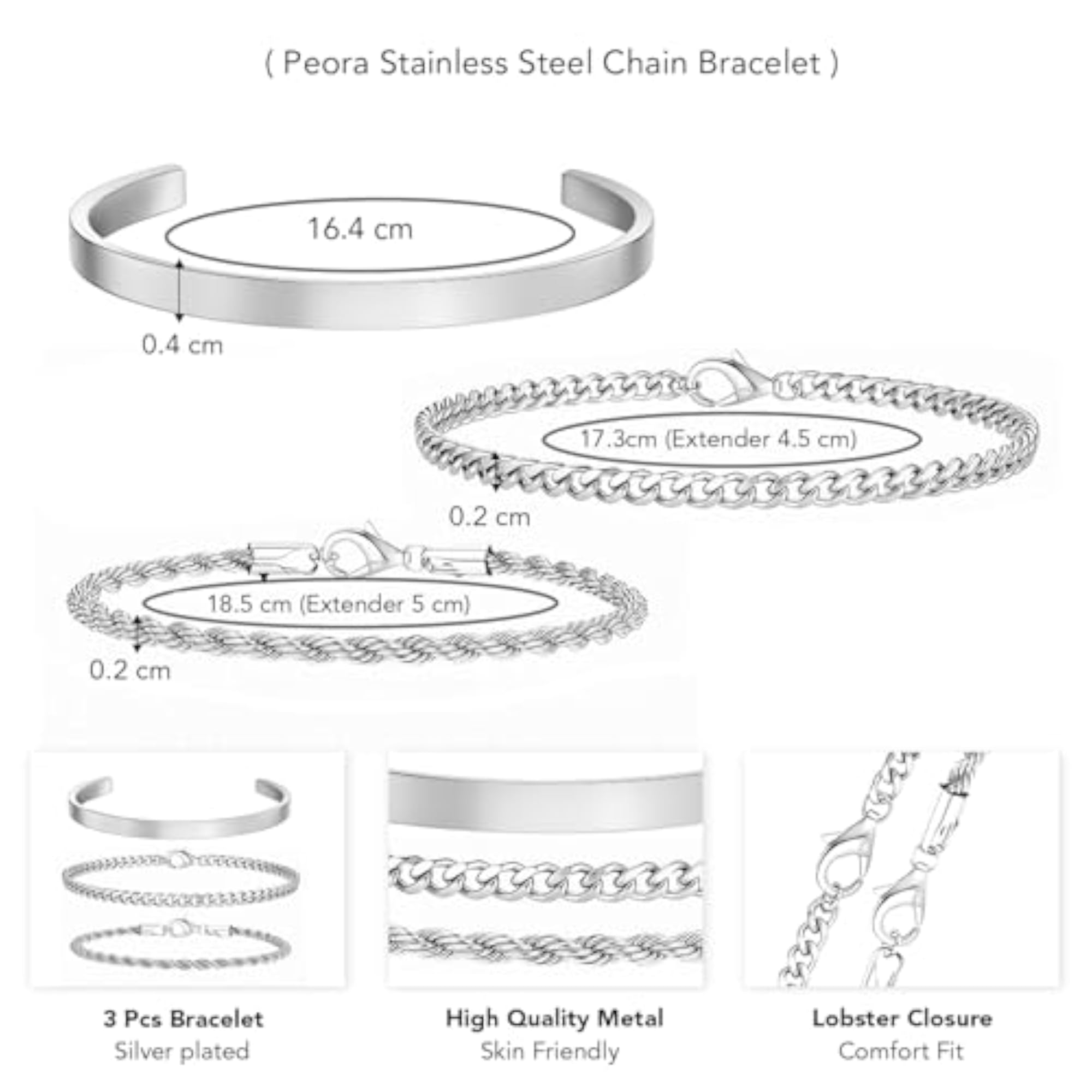 Men's Silver Plated Set of 3 Link Chain & Kada Bracelet