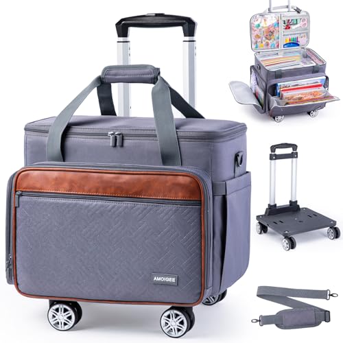 AMOIGEE Rolling Craft Bag with Wheels, 360° Swivel Rolling Scrapbook Organizer for Cricut, Paper Crafts, Classroom Supplies, Large Teacher Tote with Detachable Trolley for Men, Women