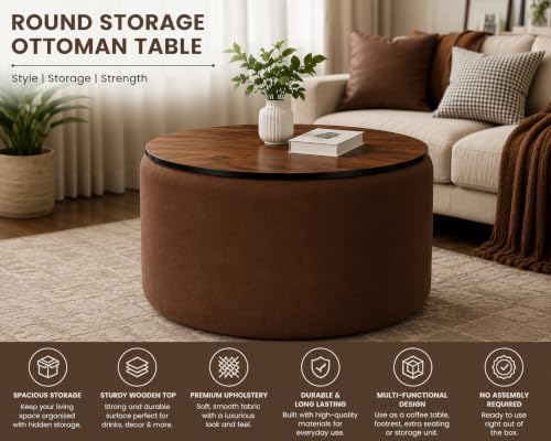 Image of Elegent Round Coffee Table with Wooden Top, Storage Ottoman Tables for Living Room, Centre Tables, Tea Tables, Farmhouse, Wood Drum Coffee Table (Brown)