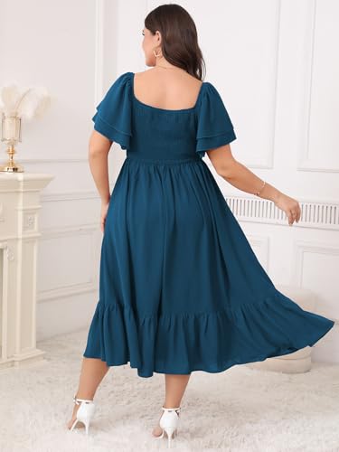 Image of SCOMCHIC Womens Plus Size Wedding Guest Cocktail Dresses Sweetheart Neckline Short Sleeve Smocked Ruffle Slit Maxi Dress