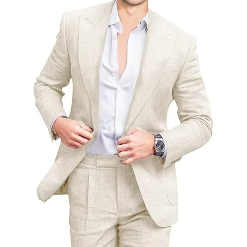 Mens Linen Suits 2 Piece Beach Wedding Blazer Summer Grooms Classic Lightweight Breathable Jacket Pants