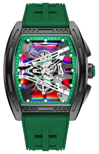 findtime Herren Armbanduhr Tonneau Ausgehöhlte Design Analoge Quarz Uhren Mechanische Uhr Großes Buntes Zifferblatt 5ATM Wasserdicht Leuchtend Militäruhren Leicht Silikon Armband Grün