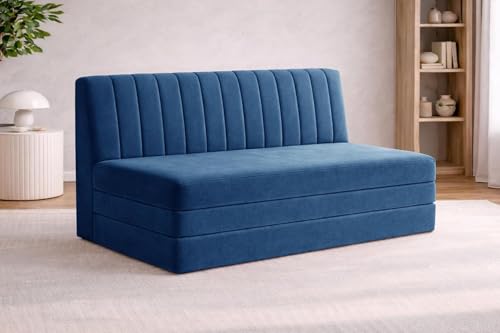 Image of Rosebell -3 Seater Upholstered Armless Sofa Cum Bed with Backrest | Soft Velvet Fabric Finish | Modern Living Room & Bedroom -Blue