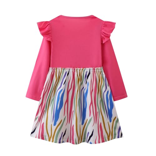 Image of Girl Long Sleeve Dress Ruffle Rainbow Color Block Cotton Casual Tiered Pleated Twirly Dress