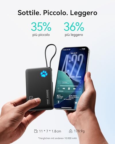 INIU 45W Power Bank, 10000mAh PowerBank con USB C Cavo Integrato, Ricarica Rapida PD3.0 QC4.0 USB C Input & Output, Mini Caricatore Portatile Power Bank per iPhone 17 16 15 14 13 Samsung Xiaomi iPad - Immagine 2