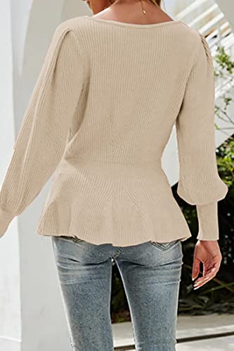 Image of Womens Fall Puff Sleeve Peplum Casual Slim Fit Knit Pullover Sweater Jumper Tops
