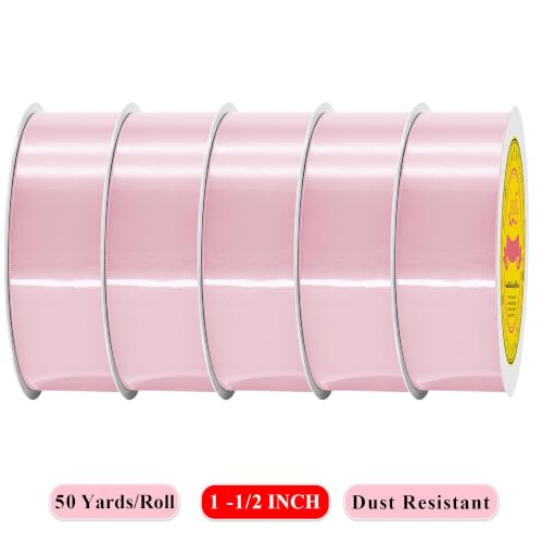 Image of 250 Yards Light Pink Satin Ribbon Polyester Ribbon for Gift Wrapping Very Suitable for Weddings Party Hair Bow Invitation Decorations and More（1-1 /2 inch X 50Yards X 5 Roll）