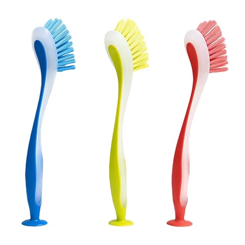 LUMOOM Lot de 3 brosses à vaisselle avec ventouse, brosse de cuisine pour casseroles et évier, brosse à légumes, brosse de nettoyage, brosse à récurer, brosse à main avec poignée