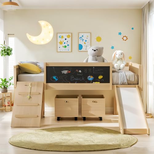 Bellemave Twin Loft Bed, Low Loft Bed Frame with Slide, 2 Storage Boxes, Climbing Ladder, Wood Loft Beds with Chalk Board for Kids, Boys, Girls, Noise Reduced Structure, Natrual