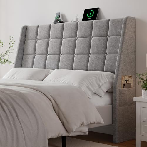Ergonomic Upholstered Headboard Queen Size w/Charging Station, Linen Wingback Headboards w/Storage...