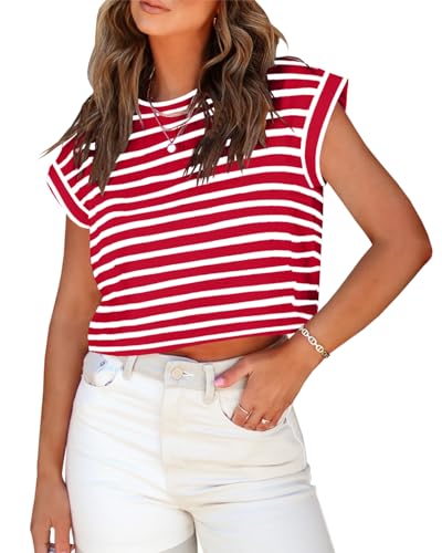 Tankaneo Womens Short Sleeve Crop Tops Casual Summer Striped T Shirts Loose Fit Basic Tees
