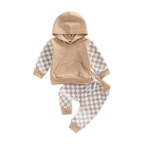Image of AEEMCEM Toddler Baby Boy Girl Fall Winter Clothes Checkerboard Plaid Hoodie Sweatshirt Tops Elastic Waist Pants Set