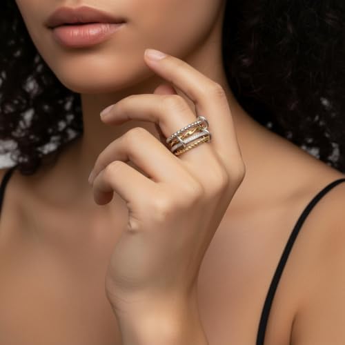 Gold Stackable Ring Set for Women Non Tarnish 316L Stainless Steel Cubic Zirconia Rings Silver Gold Multi Band Thumb Ring Mixed Metals 4 in 1 Interlocking Fashion Thin Dainty Unique Christmas Birthday Jewelry Gift (8) by Generic - Used condition - Image 5