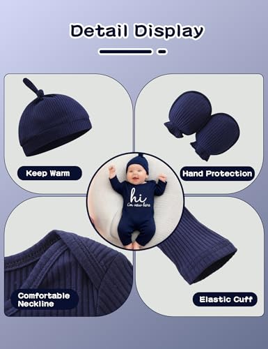 KIDDLETOWN Schlafanzug Baby, Strampler Neugeborene, 3er Pack Schlafstrampler mit Hut und Handschuhe, Baumwolle Baby Schlafanzug Langarm Pyjamas Strampler 0-3 Monate Kleidung für Mädchen und Jungen