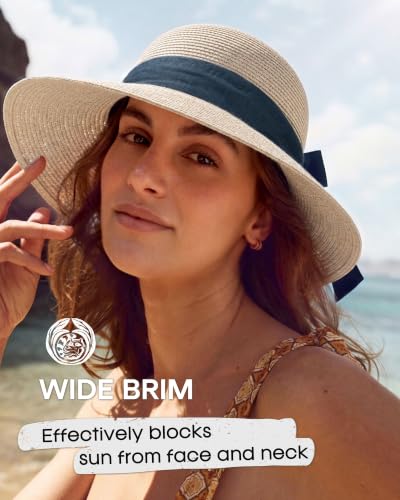 Image of FURTALK Womens Beach Sun Straw Hat Wide Brim UV Protection Travel Hat