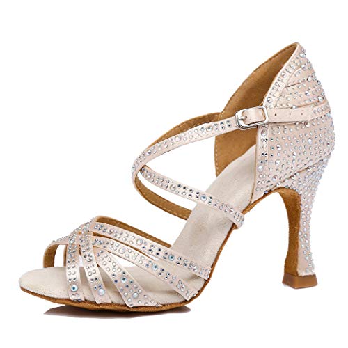 MGM-Joymod Women's Peep Toe Cross Strap Flared Heel Satin Rhinestones Salsa Tango Social Latin Modern Wedding Dance Shoes/Beige 10 M US