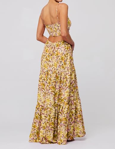 Image of Womens Vintage Floral Long Dress Y2k Spaghetti Strap Tie Back Hollow Out Maxi Dress Summer Beach Party Sundress
