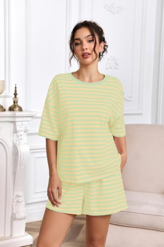 Image of Ythomm Striped Pajamas Shorts Sets Women 2 Piece Lounge Outfits Short Sleeve Tees Drawstring Shorts Summer Matching Pj Sets