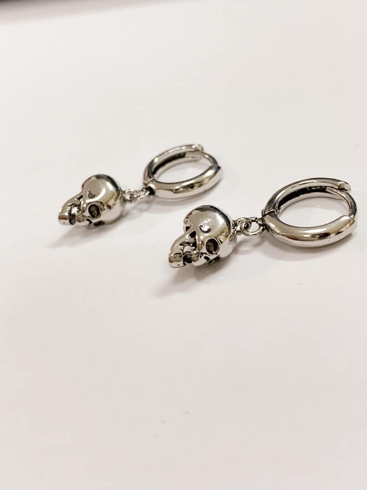 Punk Gothic Skull Dangle Hoop Earrings for Women Girls Silver-Toned with Charms Vintage Unique Skeleton Head Drop Dangling Cartliage Huggie Hoops Unisex Halloween Valentine Jewelry Gifts for Friends - Image 5