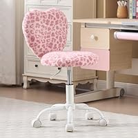 chairus Faux Fur Study Desk Chair for Teenagers Height Adjustable Swivel Computer Chair Armless with Heart-shaped Backrest (Pink Leopard Print)