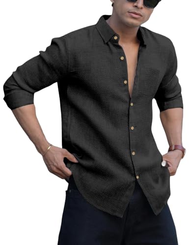 Image of NexaFlair Men's Shirt Regular Fit Solid Pattern Linen Cotton with Long Sleeve Collared Neck Standard Length and Button Down Closure Type | Mens Casual Shirts | Man's Formal Shirts