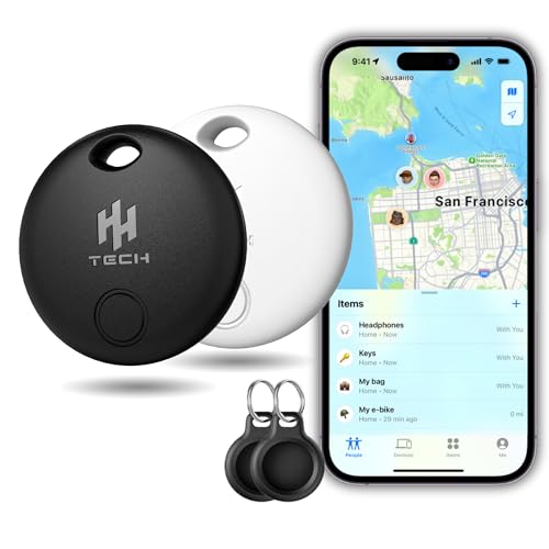 HH-Tech Smart Tag (Pack-2 Black and White with 2 Protectors) For Apple iOS Devices, Smart Tracker, Item Finder, Replaceable Battery, Easily Track Your Wallet, Bag, Suitcase, and More