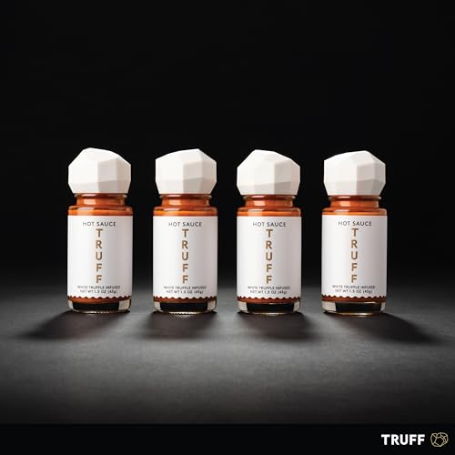 Image of TRUFF White Truffle Hot Sauce 4-Pack Mini Set, Portable Travel Bottles, White Truffle and Red Chili Peppers with Coriander, Gift Idea for the Hot Sauce Fans, (1.5 oz, Pack of 4)