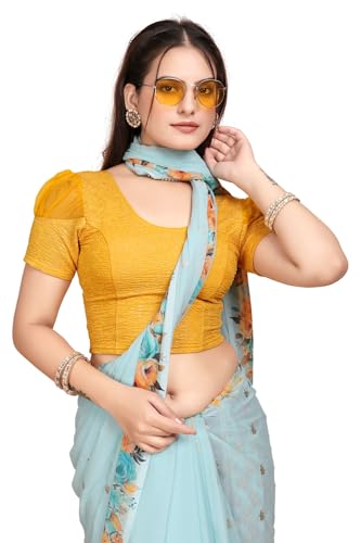 Image of SFT Women's Organza Patch Readymade Saree Blouse with Round Neck Half Sleeves Abstract Pattern Pull On Closure Regular Fit and Standard Length
