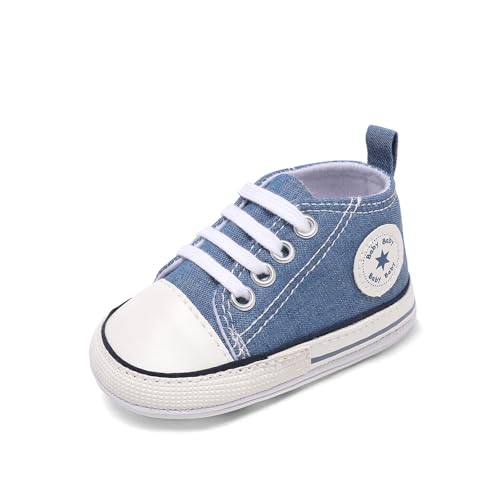 Image of Unisex Baby Boys Girls Shoes, Newborn Infant Non-Slip Canvas Denim High Top Sneakers, Toddler First Walkers Shoes