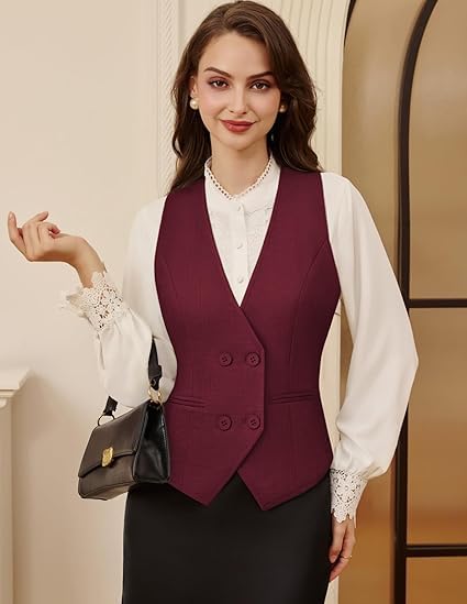 Belle Poque Kamizelka damska w stylu vintage, bez rękawów, dekolt w serek, dwurzędowe obszycie, kamizelka z kieszeniami